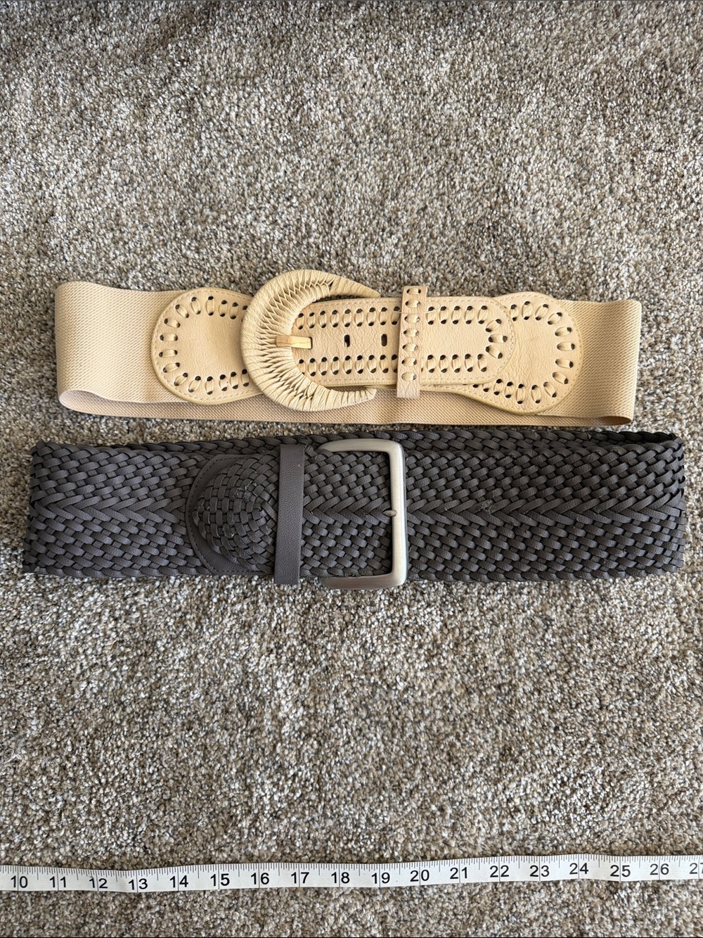 Women’s Stretch Belt with Beige Leather Accents and Grey Woven Belt.